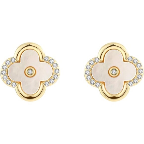 Jewelry - Women's Gold Plated 925 Silver Post Clover Shaped Dainty CZ Stud Earrings